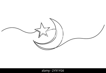 Eine durchgehende Linienzeichnung des Mondes mit Sternen. Ramadan Kareem-Banner im einfachen linearen Stil. Schlafsymbol mit Sichel in bearbeitbarem Strich Stock Vektor