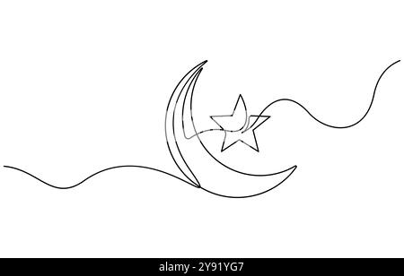Eine durchgehende Linienzeichnung des Mondes mit Sternen. Ramadan Kareem-Banner im einfachen linearen Stil. Schlafsymbol mit Sichel in bearbeitbarem Strich Stock Vektor