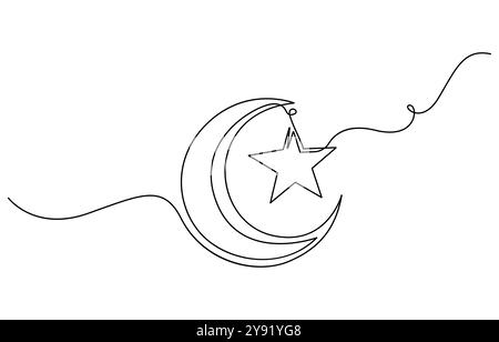 Eine durchgehende Linienzeichnung des Mondes mit Sternen. Ramadan Kareem-Banner im einfachen linearen Stil. Schlafsymbol mit Sichel in bearbeitbarem Strich Stock Vektor