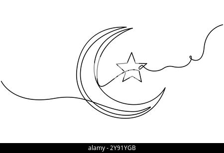 Eine durchgehende Linienzeichnung des Mondes mit Sternen. Ramadan Kareem-Banner im einfachen linearen Stil. Schlafsymbol mit Sichel in bearbeitbarem Strich Stock Vektor