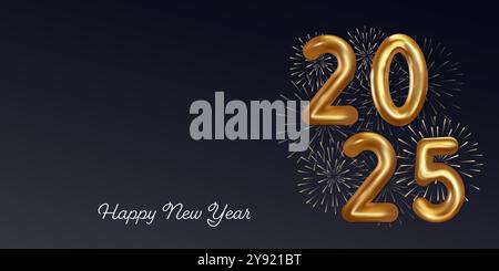 goldene Farbe Happy New Year 2025 horizontales Banner mit Copyspace-Bereich Stock Vektor