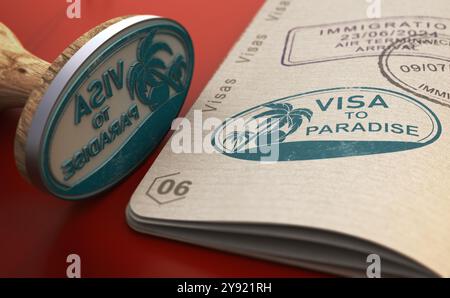 Gummistempel und Visum auf einem Tisch. Konzept des tropischen Reiseziels Urlaub und Reise ins Paradies. 3D-Abbildung. Stockfoto