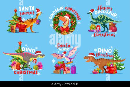 Weihnachtsgrüße für Dinosaurier. Cartoon-Vektor festliche Dino-Arten mit weihnachtsmützen und umgeben von Weihnachtsbäumen, Geschenken und Weihnachtsdekorationen. Verspielter und fröhlicher, lustiger Urlaub, Glückwunsch Stock Vektor