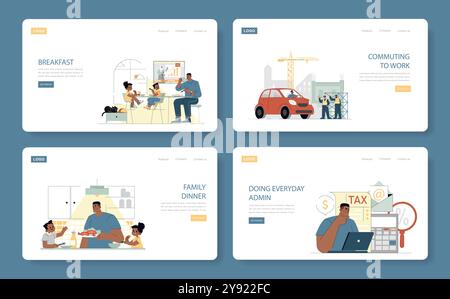 Builder's Day Set. Szenen aus dem täglichen Leben, die Profis in verschiedenen Situationen zeigen. Morgenroutine, Arbeitsweg, Familienzeit und Papierkram. Vektorabbildung. Stock Vektor