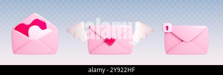 3D Love Letter – geschlossener und offener rosafarbener Papierumschlag mit Herzformen, weißen Flügeln und Benachrichtigungssymbol. Zeichentrick realistische Vektor-Illustration Set der niedlichen romantischen Post Post für St. Valentinstag. Stock Vektor