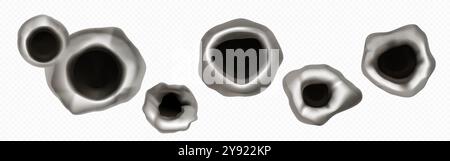 Aufzählungslöcher auf transparentem Hintergrund isoliert. Vektor-realistische Illustration von Schussspuren auf der Oberfläche, schwarzen Löchern unterschiedlicher Größe mit beschädigten Stahlkanten, Tatort, Kriegsangriff Stock Vektor