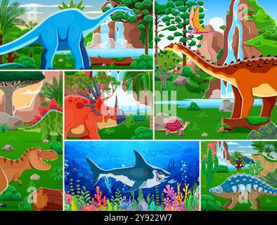 Cartoon-prähistorische Dinosaurier-Collage. Vektor-Dino-Arten in üppigen Landschaften und Unterwasserszenen. Alte terrestrische, aviäre und aquatische Reptilien in ihrem natürlichen Lebensraum Stock Vektor