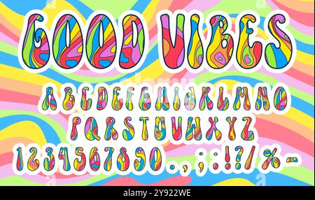 70er Jahre psychedelische Regenbogenschriftart oder grooviger Typ mit Retro 60er Jahre Hippie Schriftart, Vektor-gewelltes Alphabet. Psychedelische Hippie-Groovige Schriftart mit Regenbogenbuchstaben in Cartoon-Retro-Art für flippigen Trippie-Typ Stock Vektor