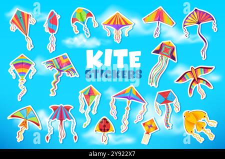 Drachenaufkleber und fliegende Zeichentrickspielzeuge für Kinder, Sommerspiele, Vektorsymbole. Farbenfrohe Drachenaufkleber in Form von Rakete, Marienkäfer und Vogel mit Goldfischen und Quallen mit Regenbogenschwänzen Stock Vektor