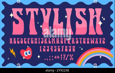 Hippie-Psychedelic-Schriftart der 70er Jahre, groovige Schriftart, Retro-Schriftart der 60er Jahre, Vintage-Alphabet mit fetten rosa Buchstaben und Zahlen. Vektortypografie englische abc Schriftart mit Hippie psychedelischen Regenbogen, Herz und Sternen Stock Vektor