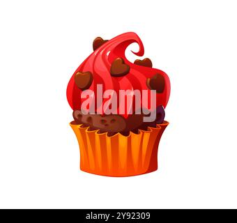 Valentinsbonbons, liebe Cupcake Muffins mit Herzen von Schokolade, Vektor-Süßwaren. Valentinstag-Weihnachtsgebäck und romantischer Muffin-Cupcake mit rosa süßer Creme für romantisches Liebesdessert Stock Vektor