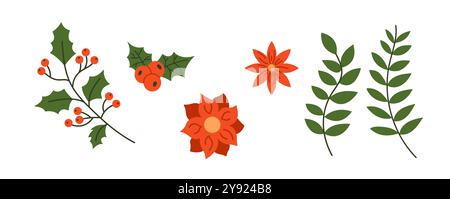 Urlaub mit stechpalme Weihnachtsstern und hinterlässt flache Vektorobjekte Stock Vektor