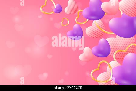 Happy Valentine's Day Hintergrund Design mit roten, rosa und goldenen 3D-Herzsymbolen Stock Vektor