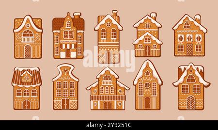 Weihnachten Lebkuchen Häuser flache Farbe Vektor-Objekte Set Stock Vektor