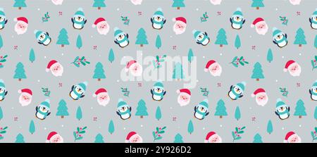 Weihnachten nahtloses Muster Vektor-Design. weihnachtsmann, Pinguin, Kiefer und stechpalmenbeere für endlosen Geschenkverpackungshintergrund. Vektor Stock Vektor