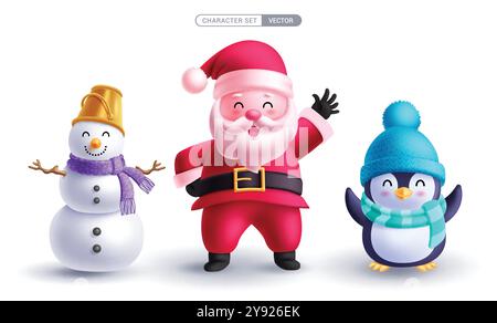 Weihnachtsfiguren Vektor Set Design. weihnachtsmann, Schneemann und Pinguin weihnachtsfigurenkollektion in stehender, winkender, lächelnder und lustiger Pose Stock Vektor