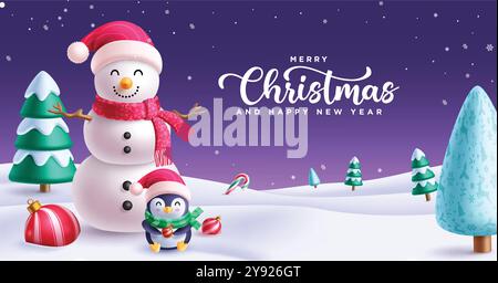 Frohe weihnachten Gruß Vektor-Design. Weihnachten und Happy New Year Text in Nacht Winter Schnee Hintergrund mit Schneemann und Pinguin Zeichen Stock Vektor