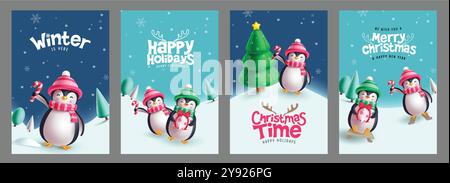 Weihnachtspinguin Charaktere Vektor-Poster Set Design. Frohe weihnachten und Happy New Year Grußkarte mit Pinguincharakter im Winter Hintergrund Stock Vektor