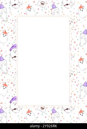 Hand gezeichnete Aquarell Halloween Geister und Punkte Rahmen Grenze isoliert auf weißem Hintergrund. Kann für Postkarten, Etiketten, Sammelalbum und andere Ausdrucke verwendet werden Stockfoto