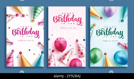 Alles Gute zum Geburtstag Einladung Karte Vektor Poster Set Design. Geburtstagsgrußtext mit gemustertem Partyhut und bunten Ballons zum Feiern Stock Vektor