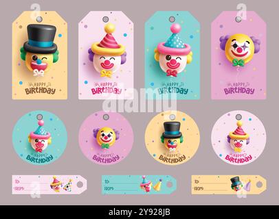 Geburtstag Clown Geschenk Tags Vektor Set Design. Geburtstagskarte mit Clown Ballons aufblasbare Elemente für Party Tags Kollektion. Vektor-Illustration Clown Stock Vektor