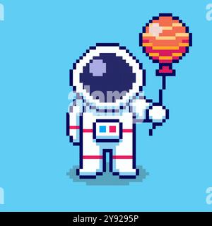 Pixel Art Astronaut Holding Planet Balloon Spiel Asset Design Stock Vektor