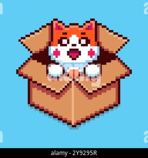 Pixelbild Cute Cat in a Box-Spiel-Asset-Design Stock Vektor