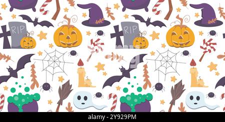Nahtloses Halloween-Muster. Thematischer Hintergrund mit Kürbis, Hexenhut, Besen, Hexenkessel, Geist, Spinne mit Netz, Kerzen und Grabstein. Halloween Stock Vektor