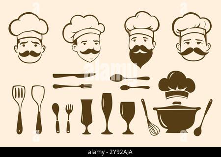 Eine Illustration mit Gesichtern des Küchenchefs und Küchenutensilien im Retro-Stil. Stock Vektor