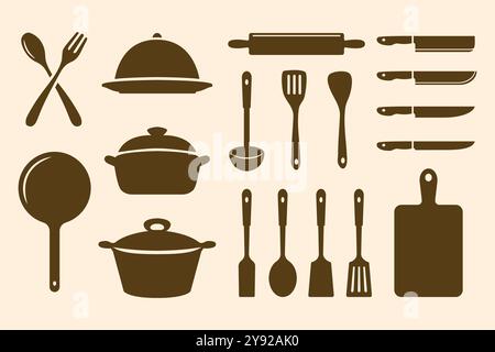 Ein Satz von Küchenutensilien, Küchenutensilien und Kochgeschirr, einschließlich einer Nudelnadel, Messern, einer Kelle, einem Topf, einer Pfanne, einen Löffel und eine Gabel. Stock Vektor