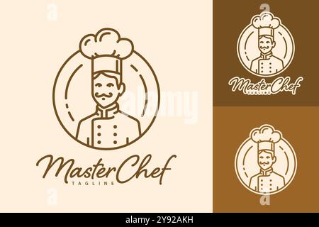 Ein braunes Kunstlogo mit einem Koch, der einen Hut im Kreis trägt, mit dem Text „Master Chef“ unten. Stock Vektor