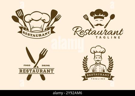 Vier Vintage-Restaurant-Logos mit Köchen, Küchenutensilien und dem Wort „Restaurant“. Stock Vektor