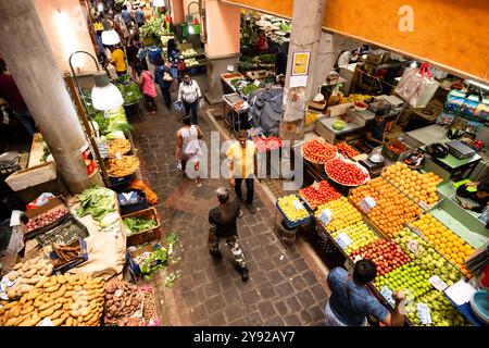 Wunderschöner Blick auf die landwirtschaftlichen Produkte, die auf dem geschäftigen Central Market in Port Louis, Mauritius, ausgestellt und zum Verkauf angeboten werden Stockfoto