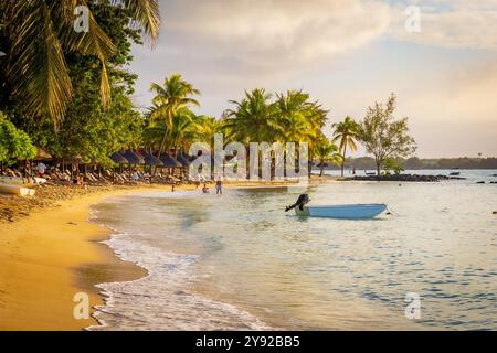 Wunderschöner Blick auf den atemberaubenden tropischen Strand in Grand Baie, Mauritius, mit feinem Sand und gesäumt von Kokospalmen bei Sonnenuntergang während der goldenen Stunde Stockfoto