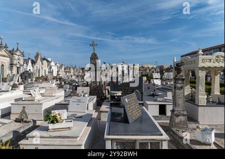 Aveiro, Portugal - 11. September 2024 : aufwendige Mausoleen und Grabsteine füllen den Friedhof, der von hellem Sonnenlicht getaucht ist. Stockfoto