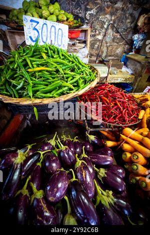Wunderschöner Blick auf frische, köstlich aussehende Chili-Paprika, Auberginen und anderes Gemüse auf einem Bauernmarkt in Port Louis, Mauritius, Afrika Stockfoto