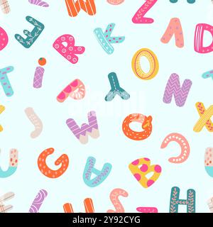 Kritzeln Sie Buchstaben mit nahtlosem Buchstaben-Muster. Dekorativer handgezeichneter Kinderbuchstabe mit abc-Stoffumschlag. Abstrakter Vektorhintergrund Stock Vektor