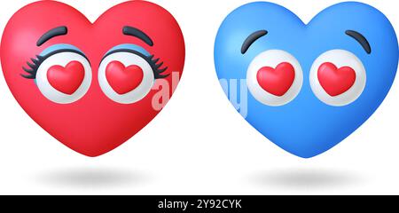 Die Herzen stehen mit 3D-Symbolen. Blaurotes Gesicht mit großen Cartoon-Augen mit Herz innen. Männliche Frau in Liebe, romantische Beziehungen. Schöne Symbole, Vektorsatz Stock Vektor
