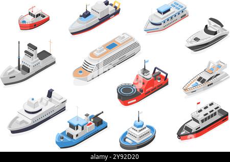 Isometrische Seeschiffe. Passagiere befördern militärische 3D-Schiffe. Logistischer Seetransport, Seefahrt und Transport. Boote Yachten makelloser Vektor Stock Vektor