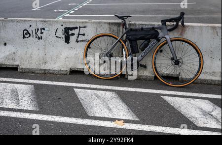 Graffiti „Bike Life“ mit Elektro-Rennrad Orbea Gain, Stockfoto