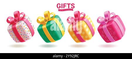 Geburtstagsgeschenke Vektor Set Design. Geschenke Geburtstagselemente Kollektion in bunten Boxen und niedliche Schleifenkrawatte Dekoration für Jubiläum, Hochzeit Stock Vektor