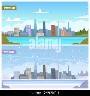 Jahreszeiten. Sommer und Winter urbaner Hintergrund mit Stadtlandschaft. Vektor-saisonale Illustrationen Stock Vektor
