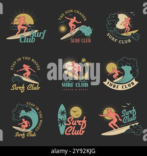 Surfclub. T-Shirt-Design verkörpert Freiheitsvorlagen mit Surfern in aktiver Aktion stellt die neuesten Vektor-Surf Club-Logokollektion dar Stock Vektor