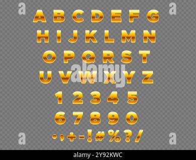 Abstraktes goldenes Alphabet isoliert auf transparentem Hintergrund. Glänzende 3D-Schriftart. Luxus-Vektorbuchstaben und -Zahlen gesetzt Stock Vektor