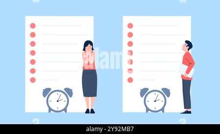 Mitarbeiter haben viele Aufgaben. Mann Frau verängstigt und verwirrt, um Liste zu machen. Büroangestellte, Studenten vor der Prüfung oder im Studium. Vektorzeichen für Unternehmen Stock Vektor