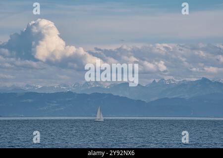 Segelboot auf dem Bodensee vor den Alpen mit Schnee *** Segelboot auf dem Bodensee vor den Alpen mit Schnee Stockfoto