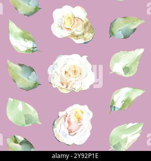 Nahtloses Muster von weißen Rosen mit grünen Blättern in Sammlung von Gartenblumen. Aquarellabbildung in Band, Band, Streifen für florales Design von Stockfoto