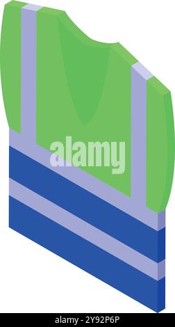 Grüne und blaue Sicherheitsweste mit reflektierenden Streifen für Arbeiter, Bauarbeiter und Ingenieure, isometrisches 3D-Symbol Stock Vektor