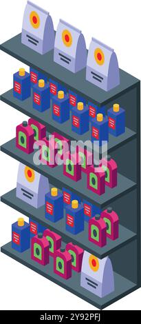Isometrisches Supermarktregal mit farbenfrohen Flaschen Motoröl und Frostschutzmittel für die Fahrzeugwartung Stock Vektor