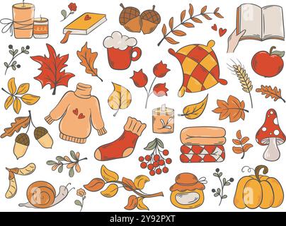 Farbenfrohe handgezeichnete Elemente und Symbole für den Herbst. Gemütliche Dinge der Saison Herbst - Buch, Heißgetränk, Kissen, Karo, Eichel, Kürbis, Pullover, rowan Stock Vektor